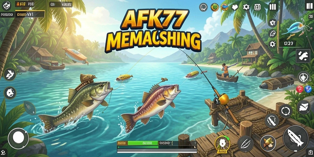 Menampilkan gameplay memancing yang seru dan penuh warna dalam AFK77.