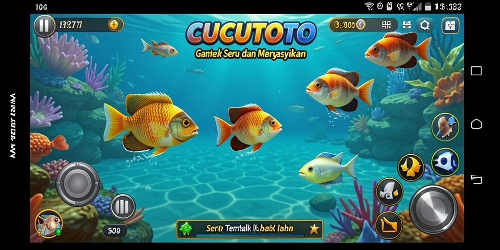 Screenshot gameplay CUCUTOTO dengan aksi menembak ikan yang seru.