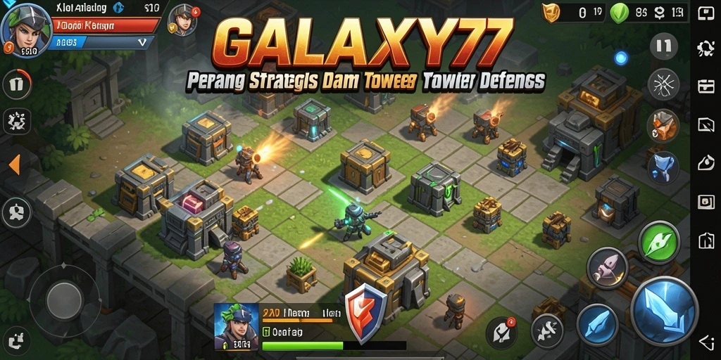 Tampilan menara dan musuh dalam pertempuran Tower Defense.