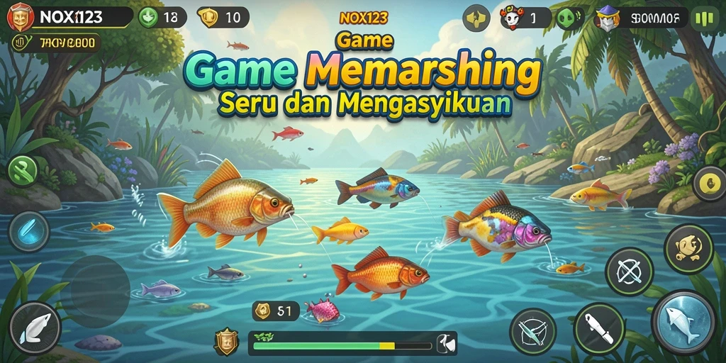 Gameplay NOX123 yang menampilkan aksi memancing yang seru dan menarik.
