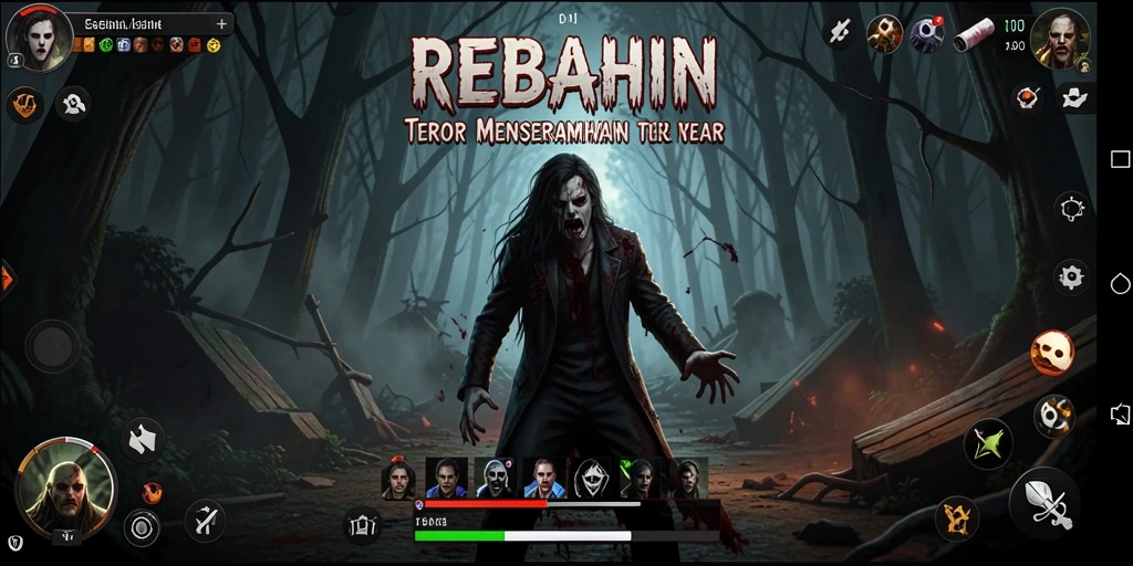 Tampilan gameplay REBAHIN yang menakutkan dengan suasana gelap.