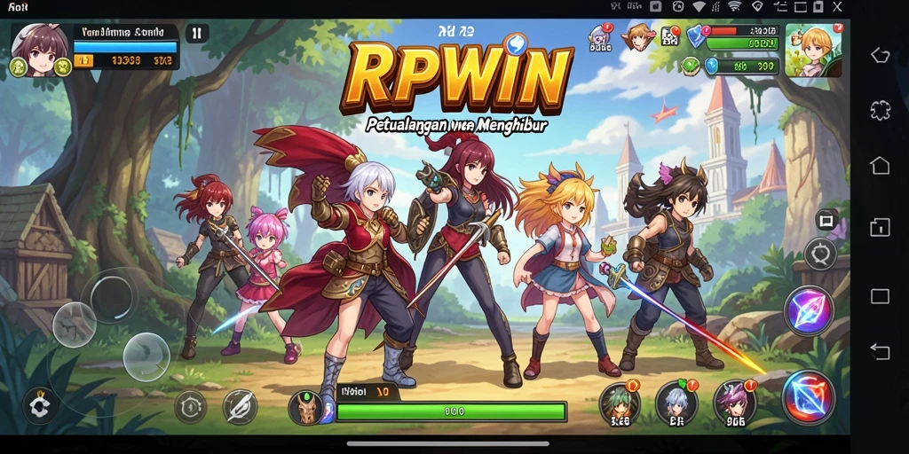 Screenshot utama RPWIN menunjukkan karakter anime dalam pertempuran epik.