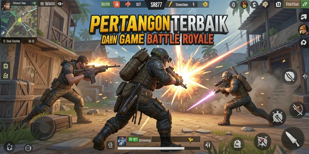 Screenshot utama SR877 menunjukkan intensitas pertempuran dalam game Battle Royale.