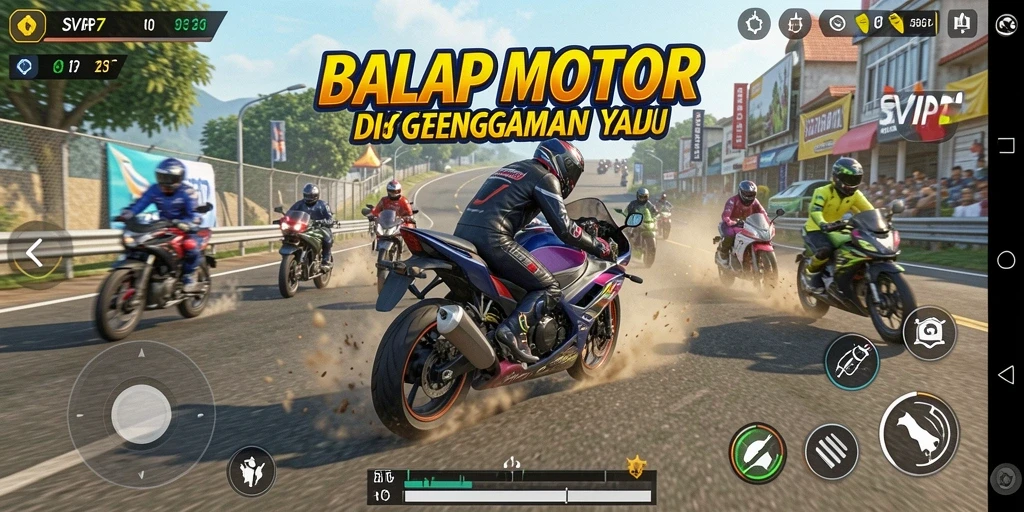 Screenshot gameplay SVIP7 menampilkan aksi balap motor yang seru.