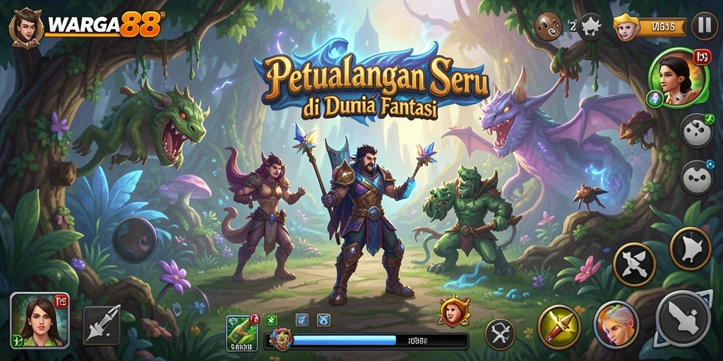 Screenshot utama menunjukkan aksi seru dalam petualangan WARGA88.