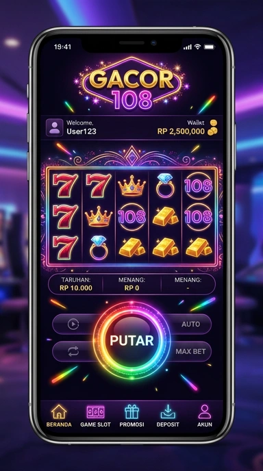 Screenshot aplikasi gacor108 dengan fitur lengkap.